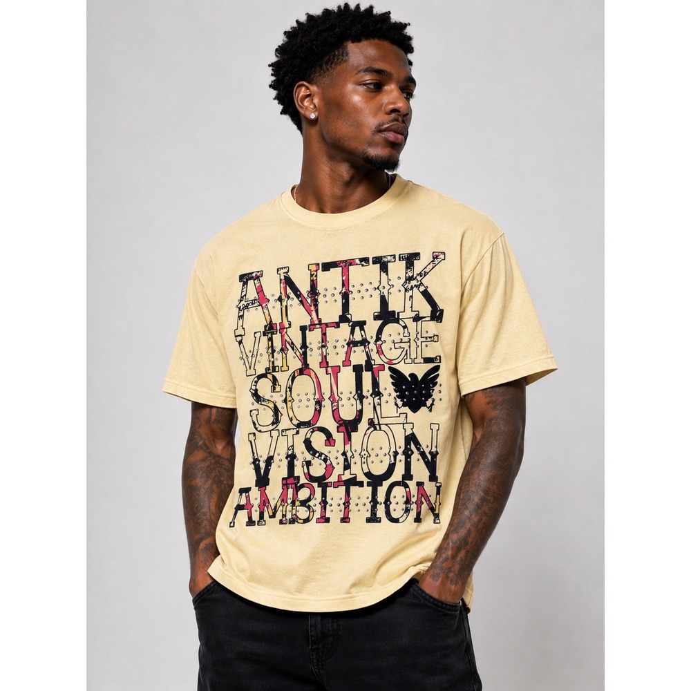 Antik Denim Mens 4XL Graphic T-Shirt Yellow Studded Vintage Soul Vision Ambition